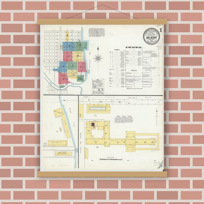 Old map wall art mockup — magnetic wood frame on brick wall — Sanborn Fire Insurance Map from Miami, Dade County, Florida (1903), Sheet #0001
