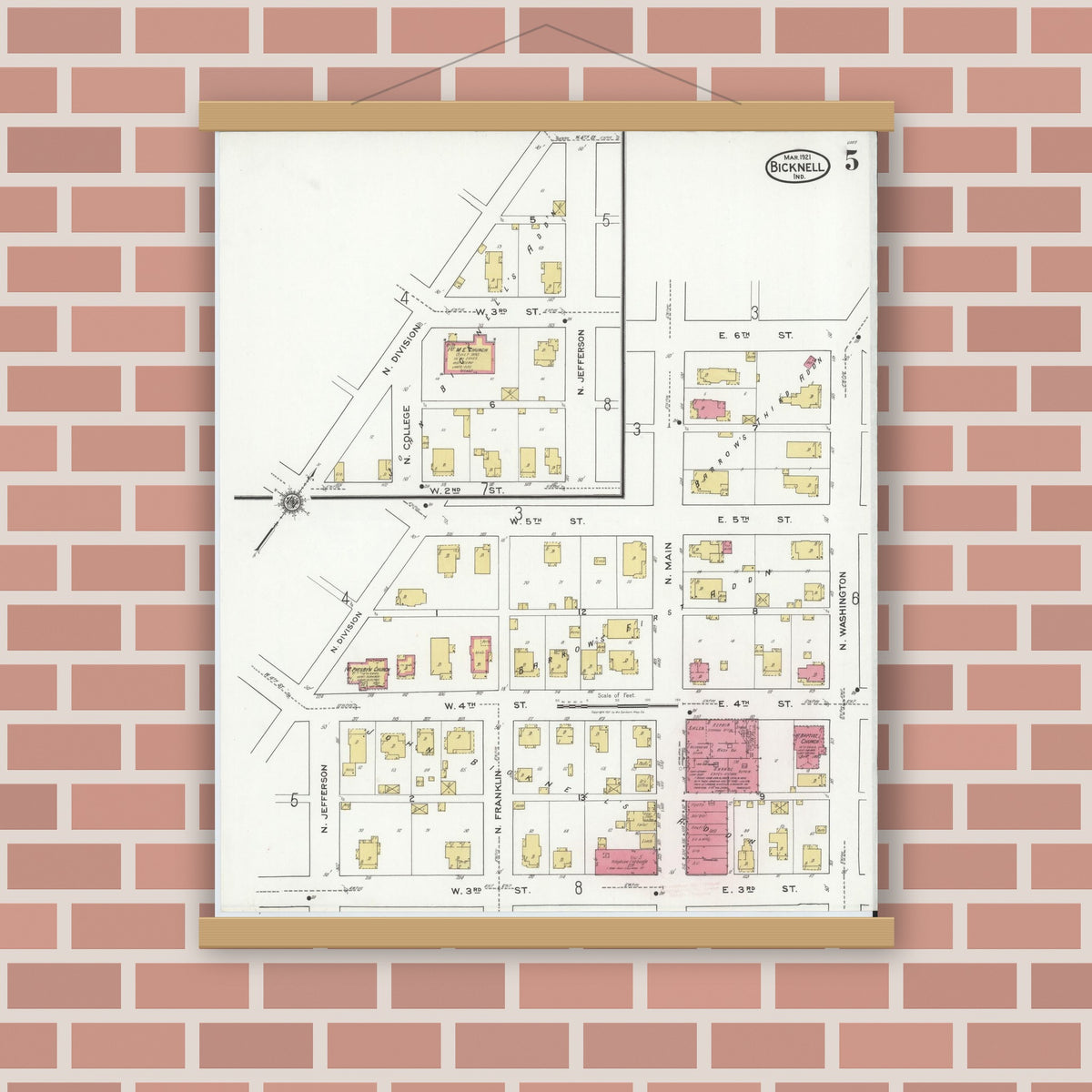 Old map wall art mockup — magnetic wood frame on brick wall — Sanborn Fire Insurance Map from Bicknell, Knox County, Indiana (1921), Sheet #0005