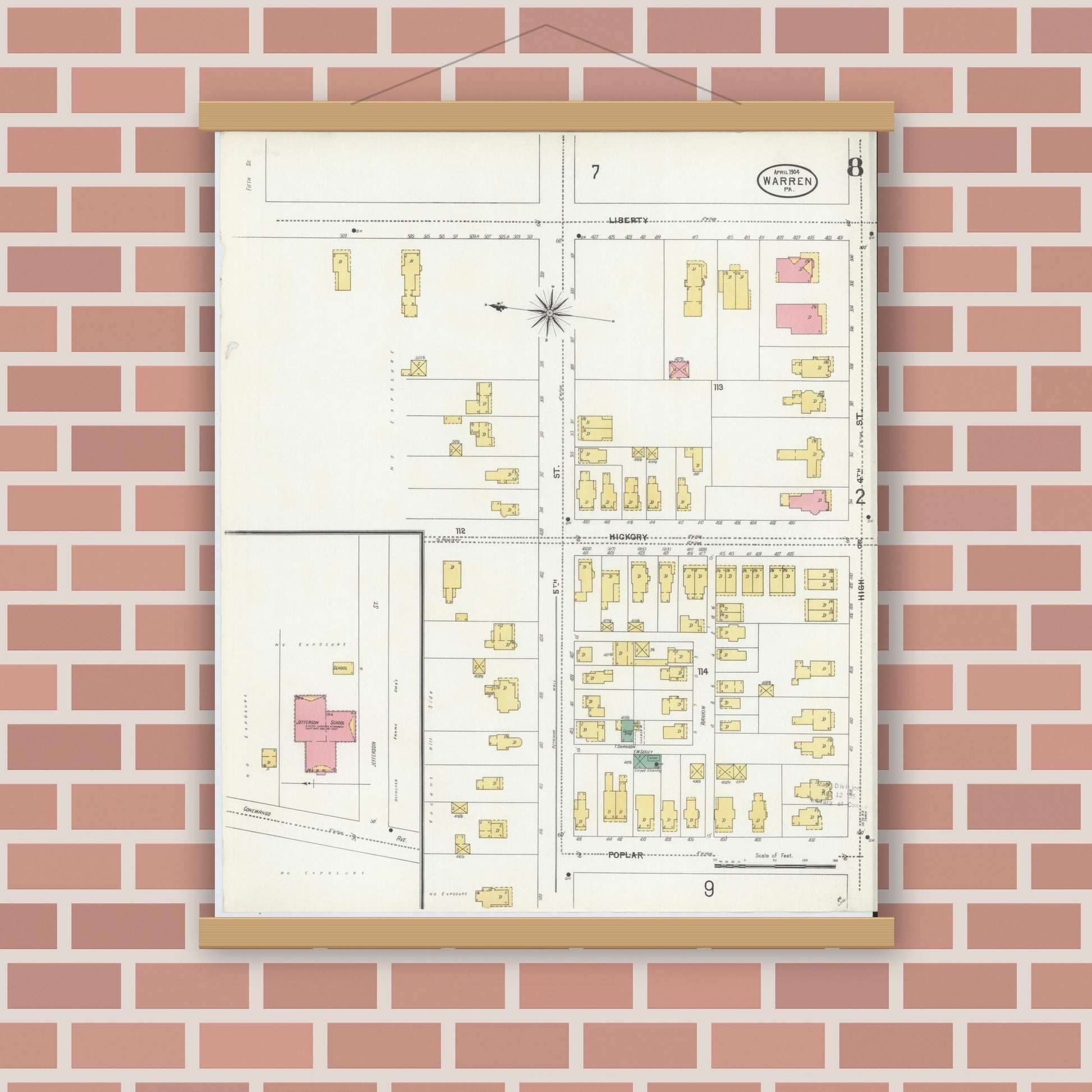 Old map wall art mockup — magnetic wood frame on brick wall — Sanborn Fire Insurance Map from Warren, Warren County, Pennsylvania (1904), Sheet #0008