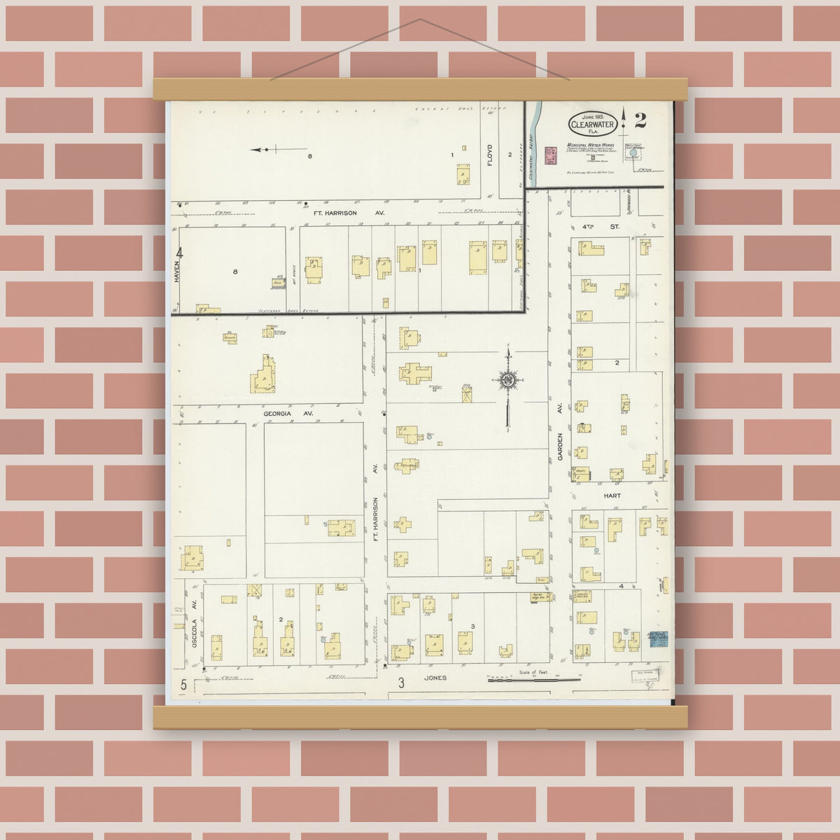 Old map wall art mockup — magnetic wood frame on brick wall — Sanborn Fire Insurance Map from Clearwater, Pinellas County, Florida (1913), Sheet #0002