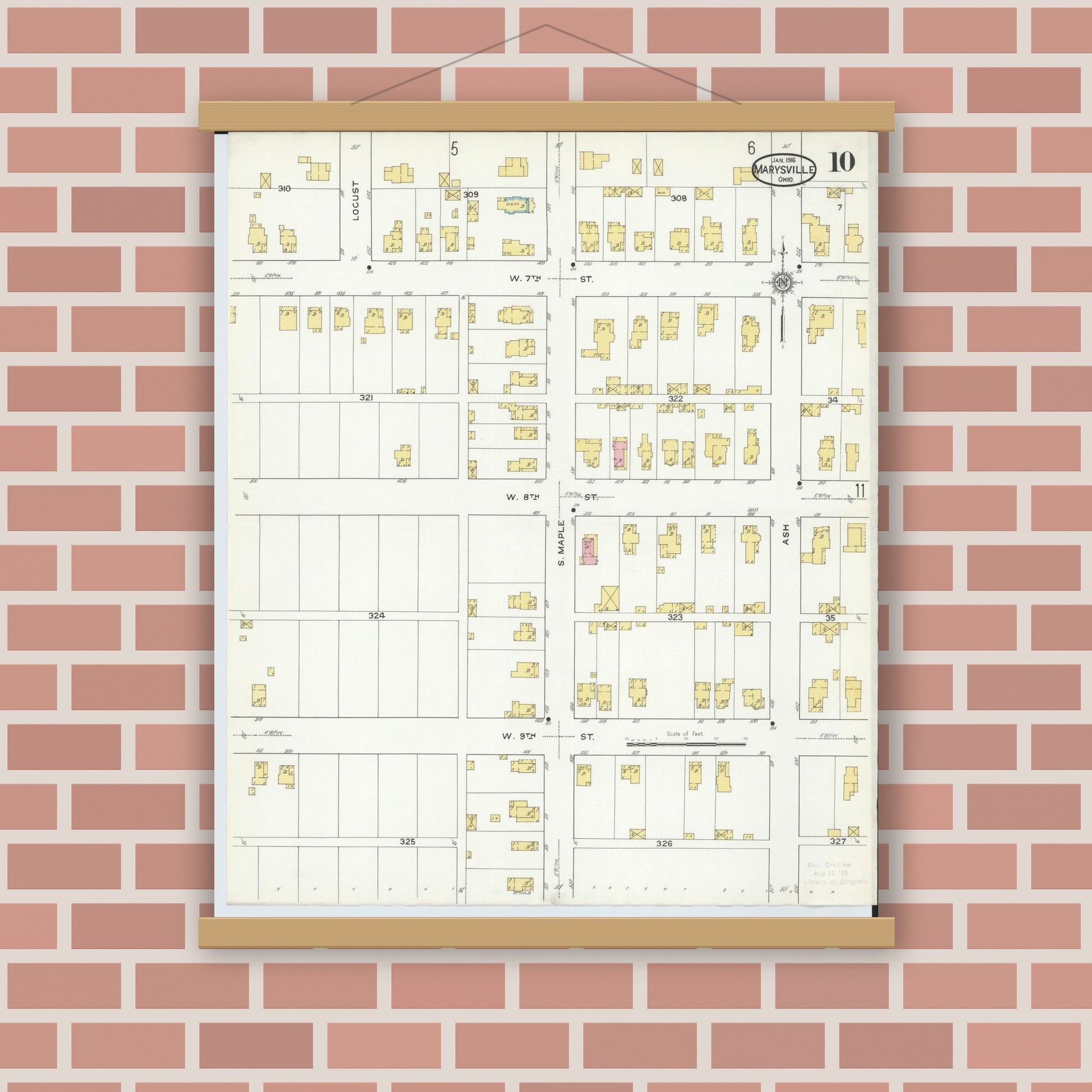 Old map wall art mockup — magnetic wood frame on brick wall — Sanborn Fire Insurance Map from Marysville, Union County, Ohio (1916), Sheet #0010