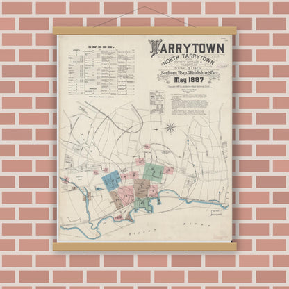 Old map wall art mockup — magnetic wood frame on brick wall — Sanborn Fire Insurance Map from Tarrytown, Westchester County, New York (1887), Sheet #0001
