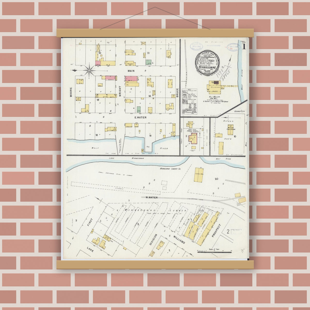 Old map wall art mockup — magnetic wood frame on brick wall — Sanborn Fire Insurance Map from Winneconne, Winnebago County, Wisconsin (1898) - Complete Map Set