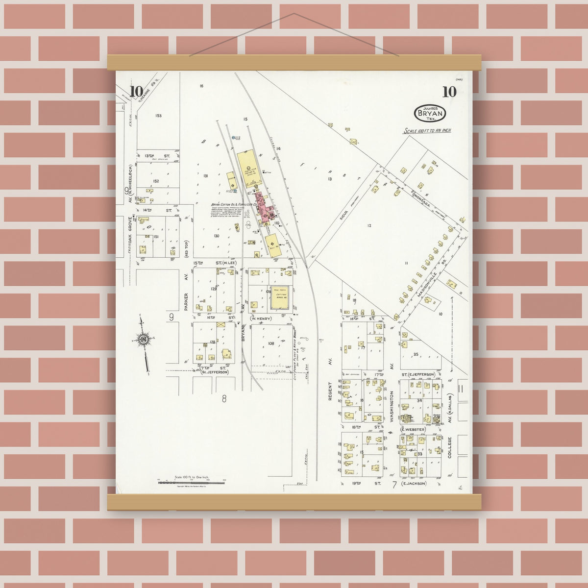 Old map wall art mockup — magnetic wood frame on brick wall — Sanborn Fire Insurance Map from Bryan, Brazos County, Texas (1925), Sheet #0010