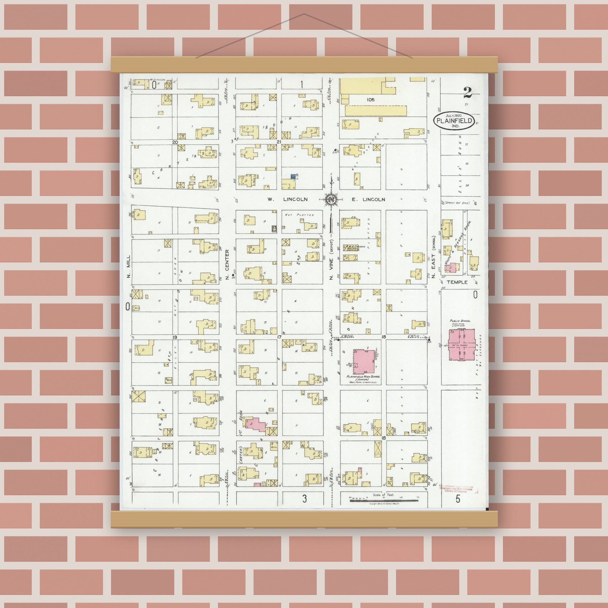 Old map wall art mockup — magnetic wood frame on brick wall — Sanborn Fire Insurance Map from Plainfield, Hendricks County, Indiana (1920), Sheet #0002