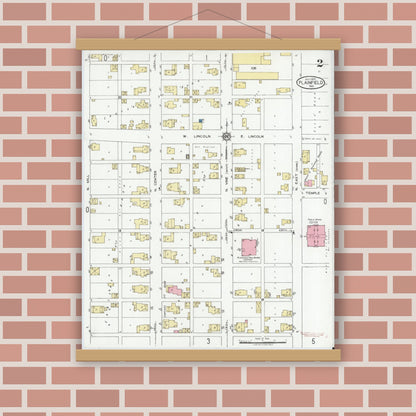 Old map wall art mockup — magnetic wood frame on brick wall — Sanborn Fire Insurance Map from Plainfield, Hendricks County, Indiana (1920), Sheet #0002