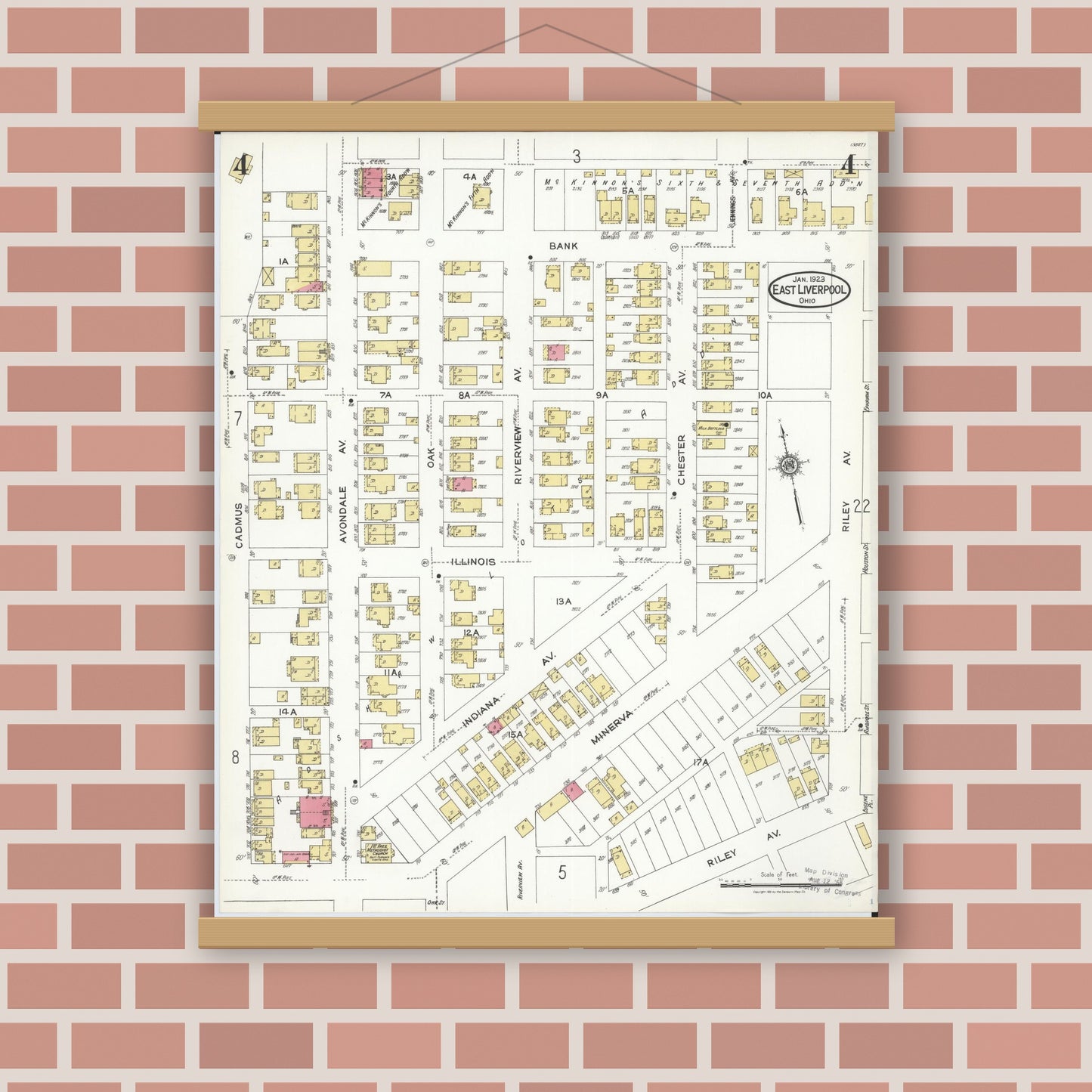 Old map wall art mockup — magnetic wood frame on brick wall — Sanborn Fire Insurance Map from East Liverpool, Columbiana County, Ohio (1923), Sheet #0004
