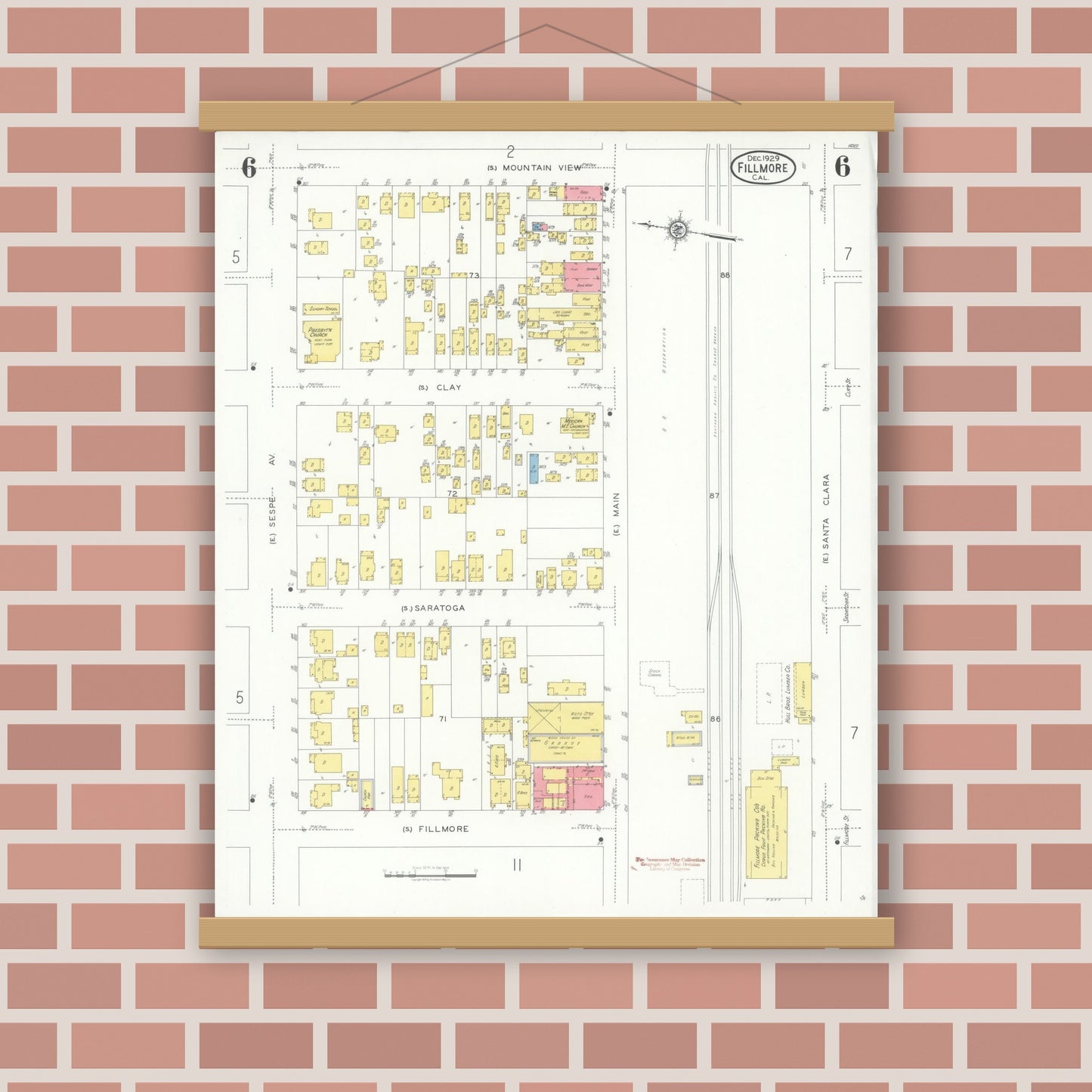 Old map wall art mockup — magnetic wood frame on brick wall — Sanborn Fire Insurance Map from Fillmore, Ventura County, California (1929), Sheet #0006