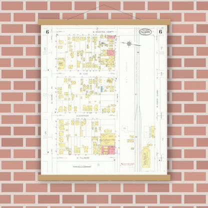 Old map wall art mockup — magnetic wood frame on brick wall — Sanborn Fire Insurance Map from Fillmore, Ventura County, California (1929), Sheet #0006
