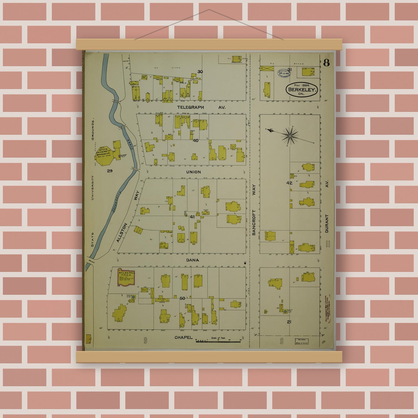 Old map wall art mockup — magnetic wood frame on brick wall — Sanborn Fire Insurance Map from Berkeley, Alameda County, California (1894), Sheet #0008