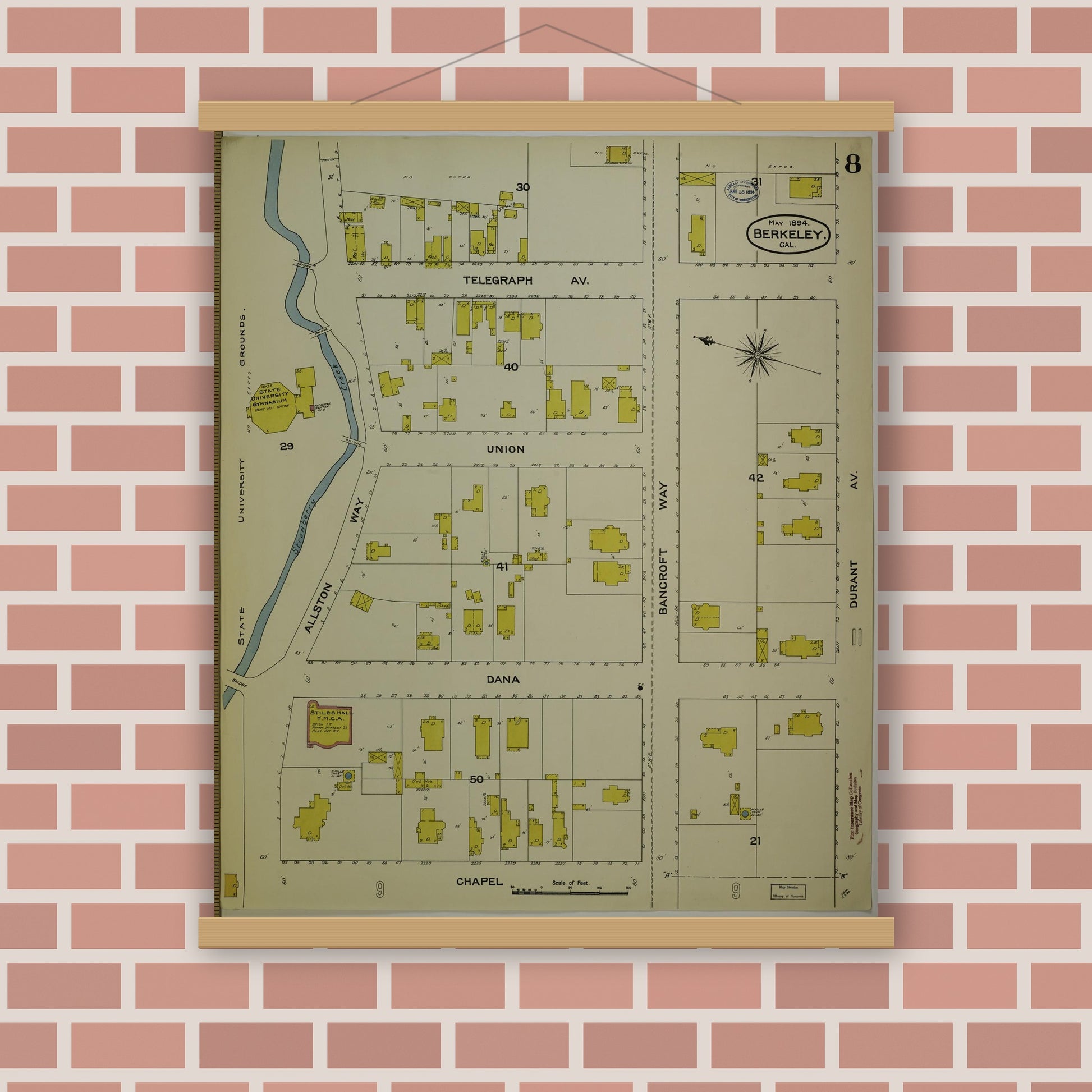 Old map wall art mockup — magnetic wood frame on brick wall — Sanborn Fire Insurance Map from Berkeley, Alameda County, California (1894), Sheet #0008