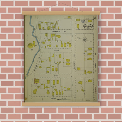 Old map wall art mockup — magnetic wood frame on brick wall — Sanborn Fire Insurance Map from Berkeley, Alameda County, California (1894), Sheet #0008