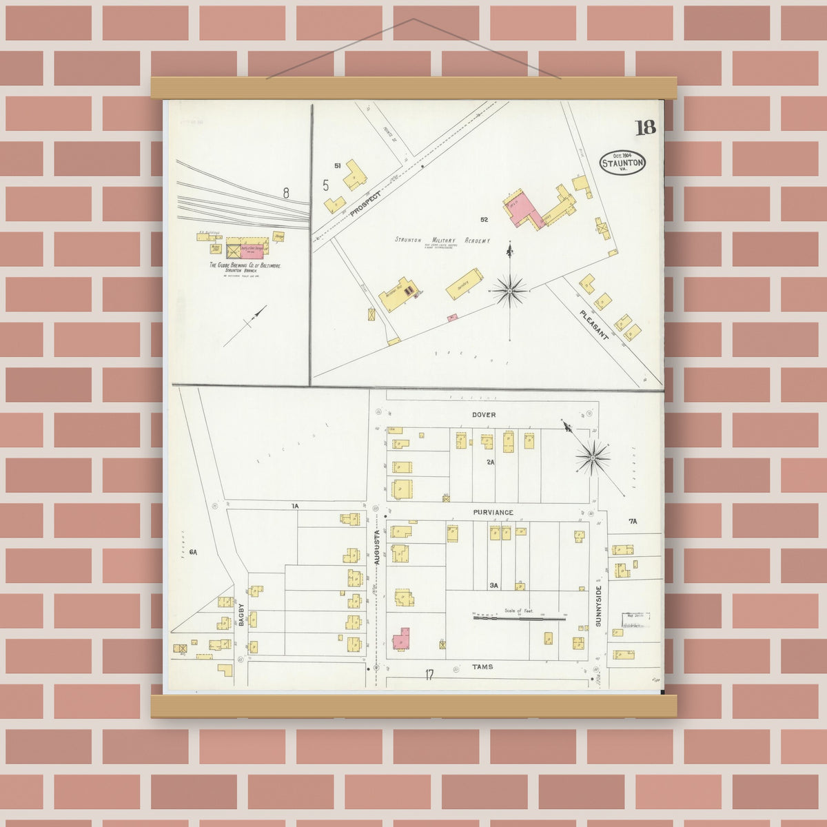 Old map wall art mockup — magnetic wood frame on brick wall — Sanborn Fire Insurance Map from Staunton, Independent Cities, Virginia (1904), Sheet #0018
