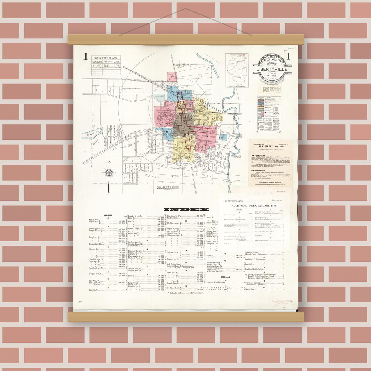 Old map wall art mockup — magnetic wood frame on brick wall — Sanborn Fire Insurance Map from Libertyville, Lake County, Illinois (1948), Sheet #0001