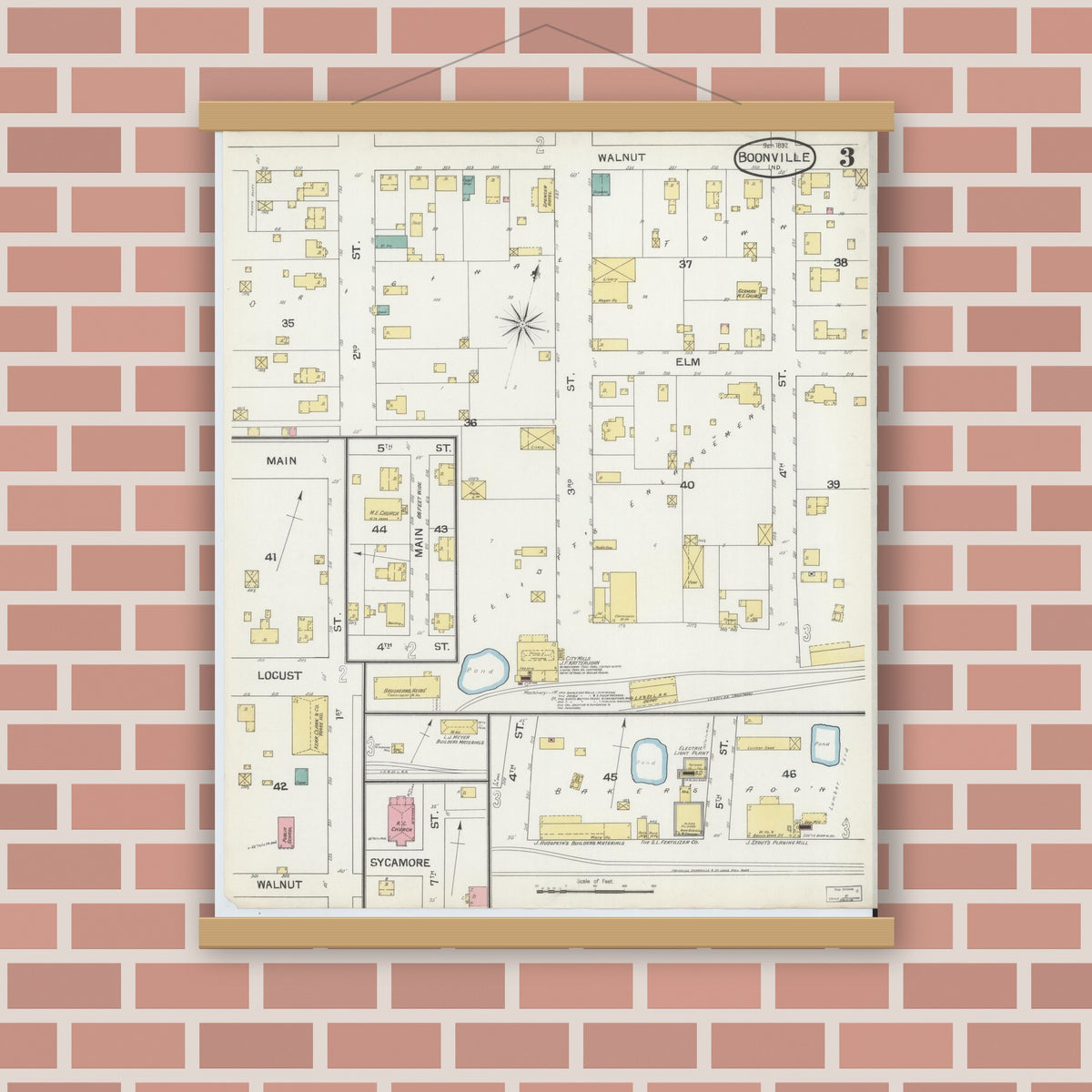 Old map wall art mockup — magnetic wood frame on brick wall — Sanborn Fire Insurance Map from Boonville, Warrick County, Indiana (1892), Sheet #0003