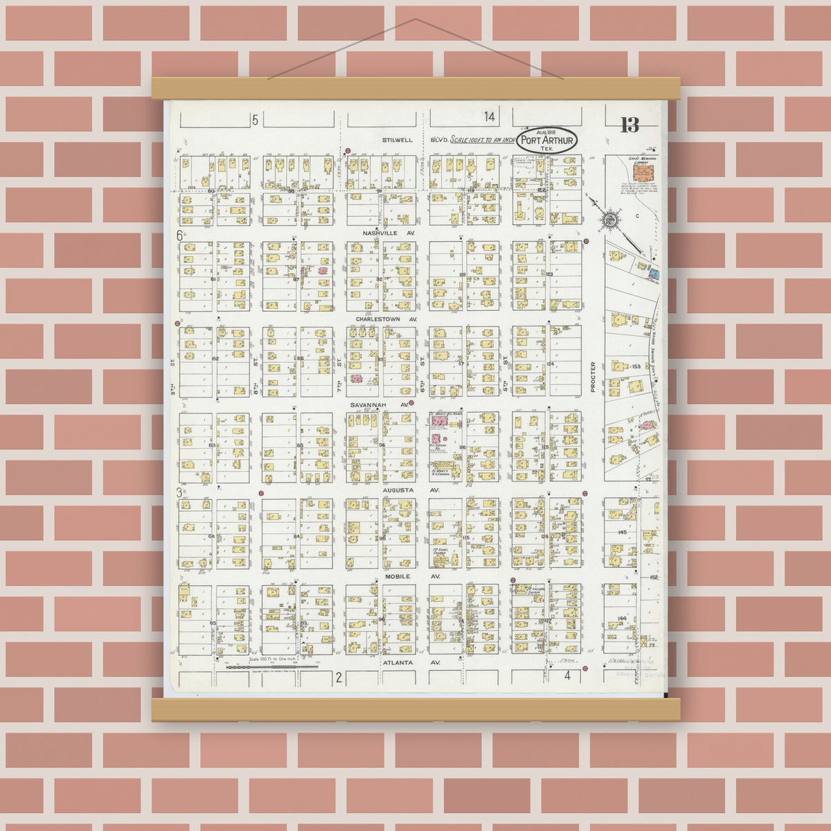 Old map wall art mockup — magnetic wood frame on brick wall — Sanborn Fire Insurance Map from Port Arthur, Jefferson County, Texas (1918), Sheet #0013