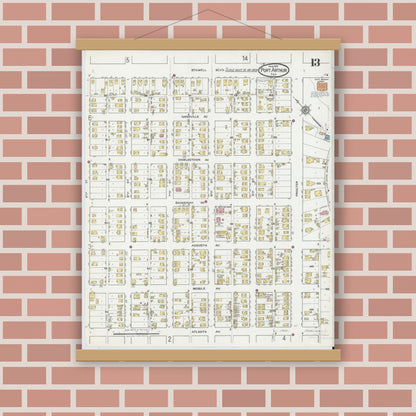 Old map wall art mockup — magnetic wood frame on brick wall — Sanborn Fire Insurance Map from Port Arthur, Jefferson County, Texas (1918), Sheet #0013