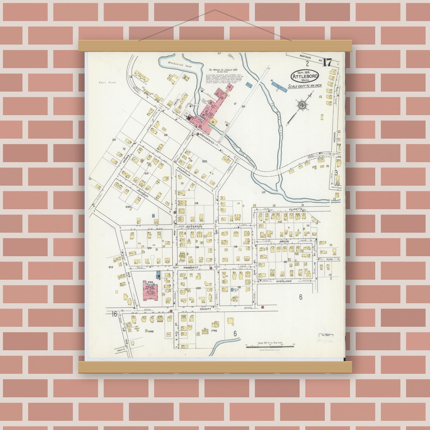 Old map wall art mockup — magnetic wood frame on brick wall — Sanborn Fire Insurance Map from Attleboro, Bristol County, Massachusetts (1916), Sheet #0017