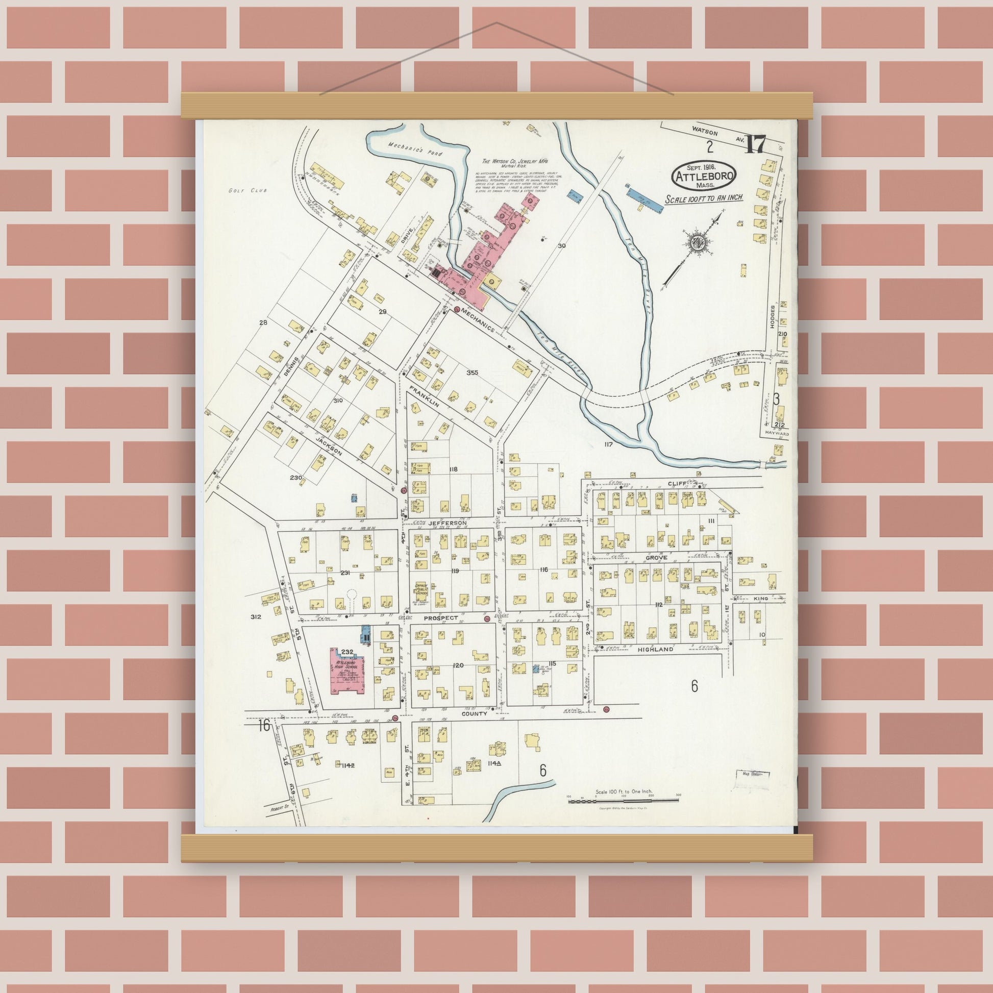 Old map wall art mockup — magnetic wood frame on brick wall — Sanborn Fire Insurance Map from Attleboro, Bristol County, Massachusetts (1916), Sheet #0017
