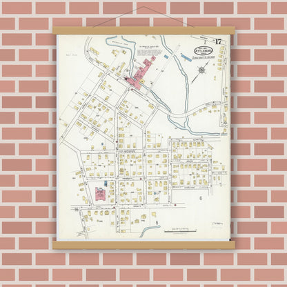 Old map wall art mockup — magnetic wood frame on brick wall — Sanborn Fire Insurance Map from Attleboro, Bristol County, Massachusetts (1916), Sheet #0017