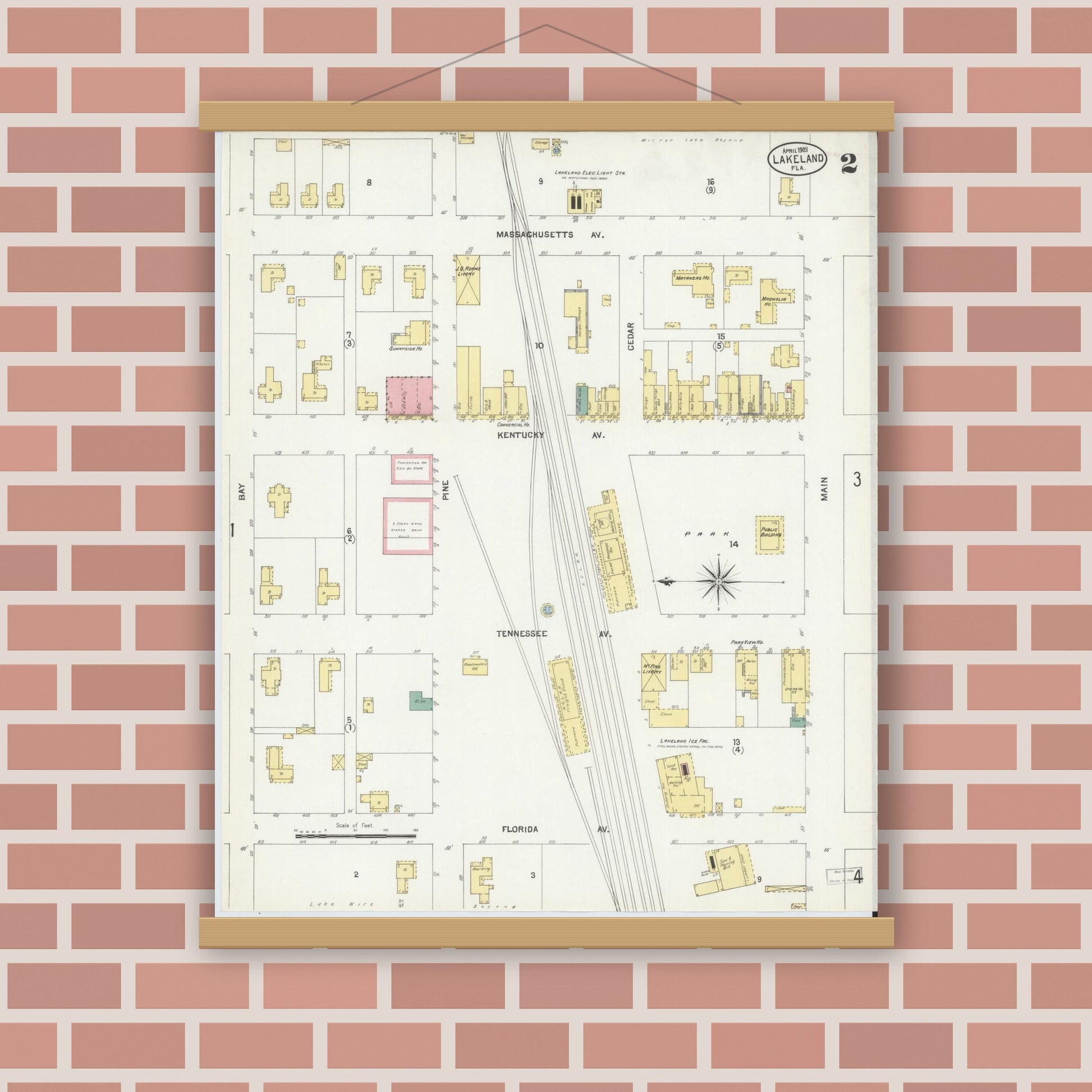 Old map wall art mockup — magnetic wood frame on brick wall — Sanborn Fire Insurance Map from Lakeland, Polk County, Florida (1903), Sheet #0002