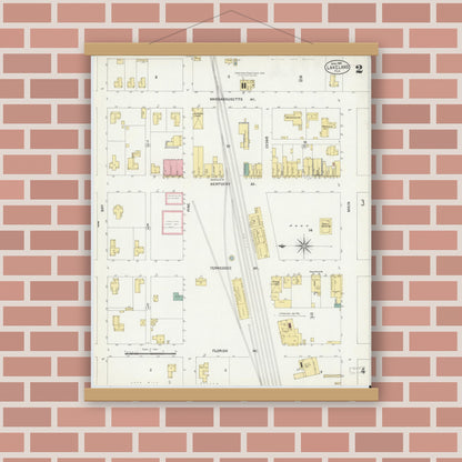 Old map wall art mockup — magnetic wood frame on brick wall — Sanborn Fire Insurance Map from Lakeland, Polk County, Florida (1903), Sheet #0002