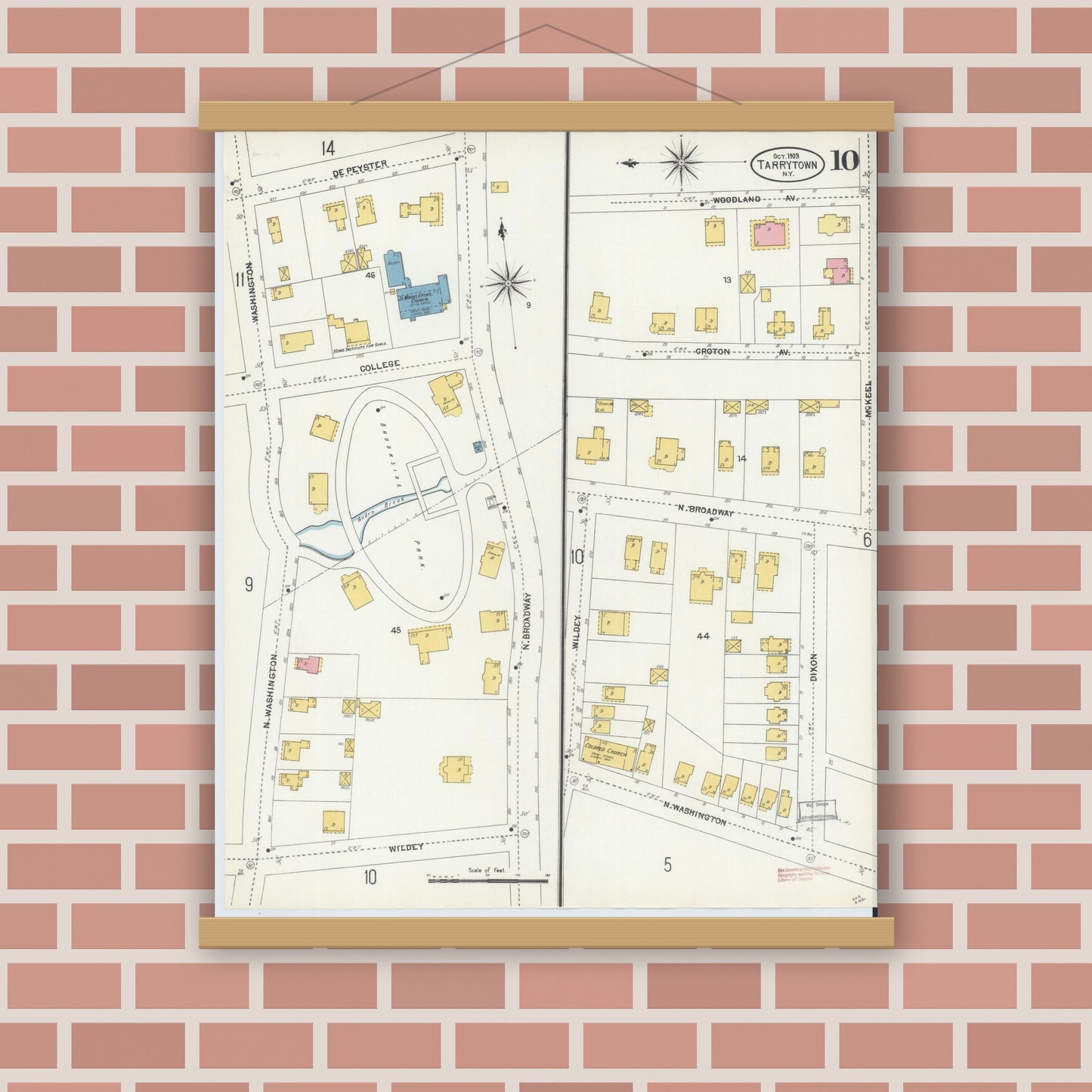 Old map wall art mockup — magnetic wood frame on brick wall — Sanborn Fire Insurance Map from Tarrytown, Westchester County, New York (1903), Sheet #0010