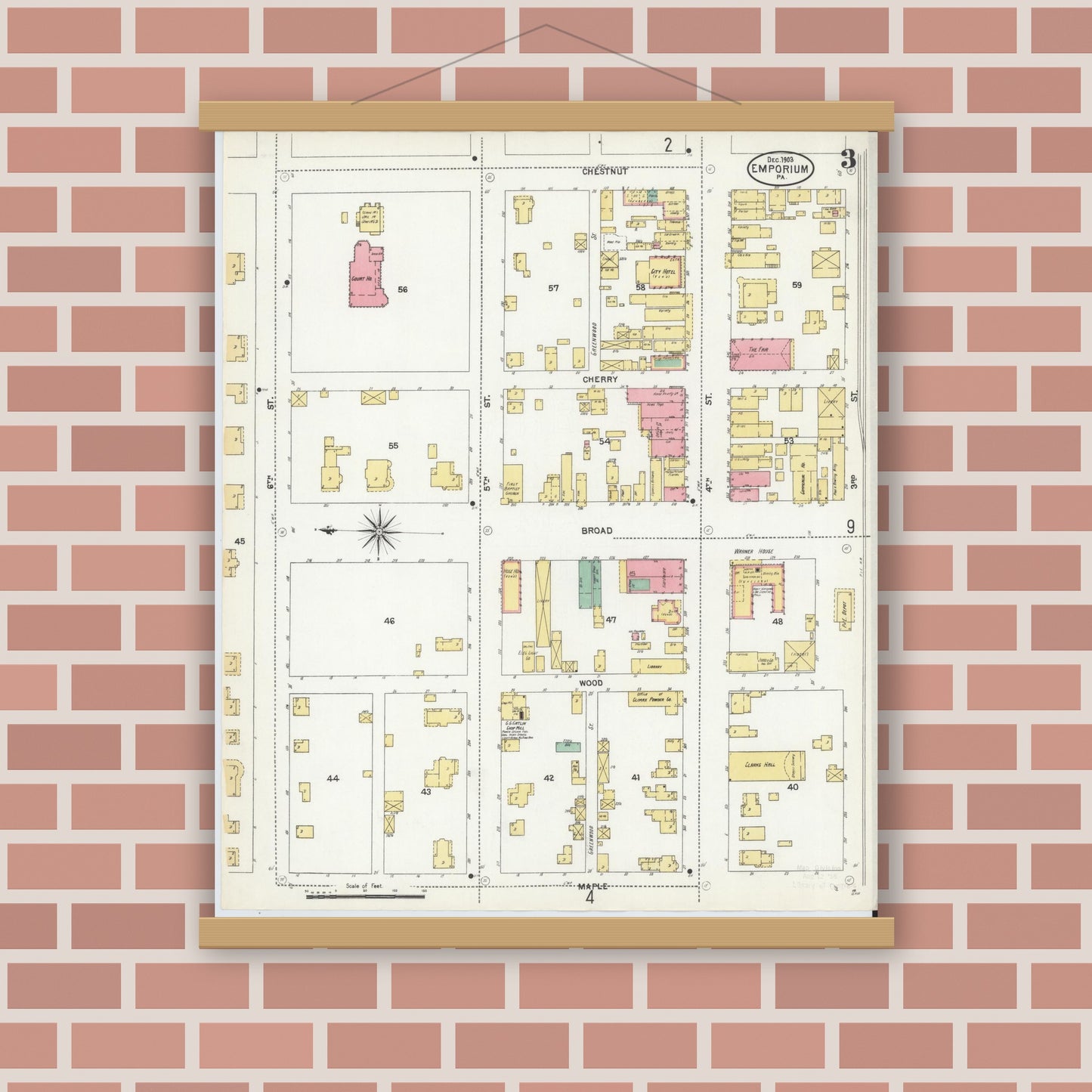 Old map wall art mockup — magnetic wood frame on brick wall — Sanborn Fire Insurance Map from Emporium, Cameron County, Pennsylvania (1903), Sheet #0003