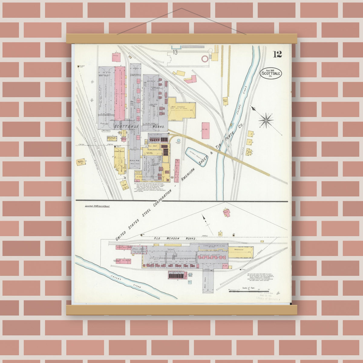 Old map wall art mockup — magnetic wood frame on brick wall — Sanborn Fire Insurance Map from Scottdale, Westmoreland County, Pennsylvania (1908), Sheet #0012