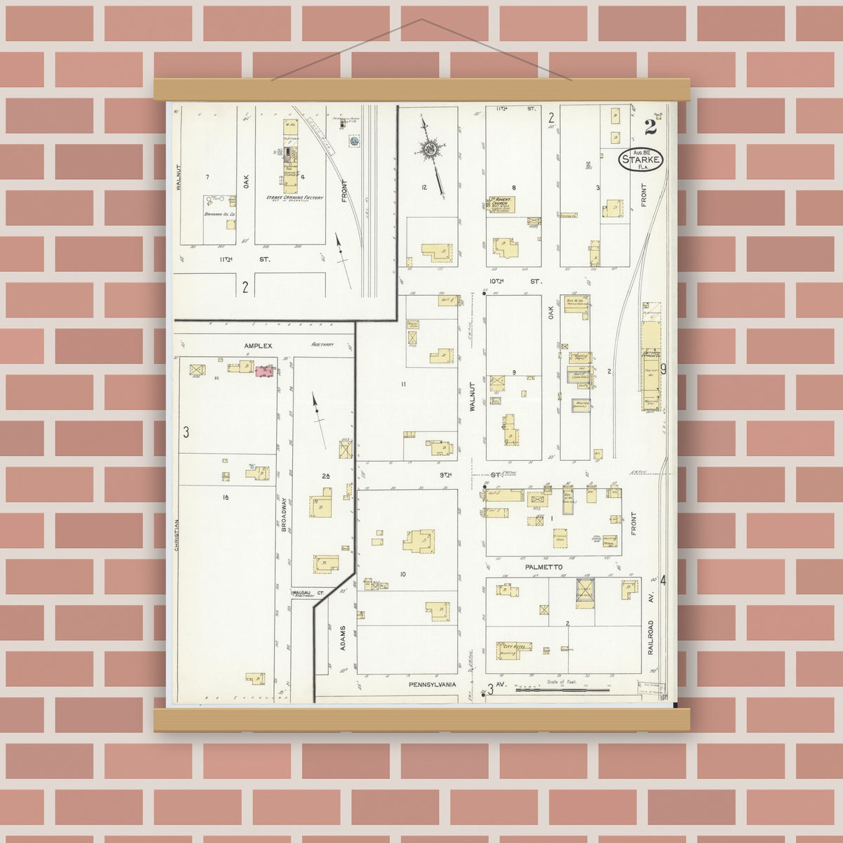 Old map wall art mockup — magnetic wood frame on brick wall — Sanborn Fire Insurance Map from Starke, Bradford County, Florida (1912), Sheet #0002
