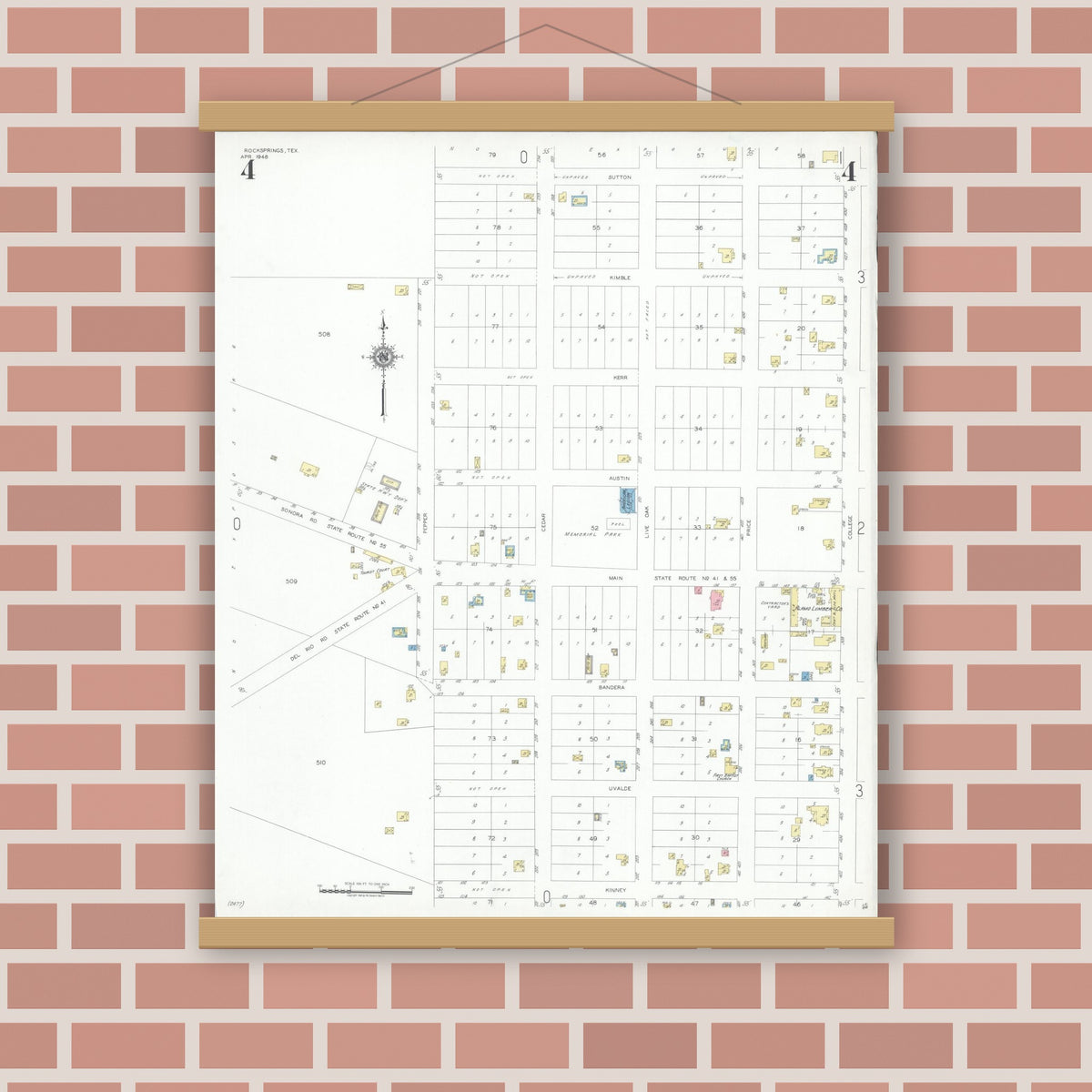 Old map wall art mockup — magnetic wood frame on brick wall — Sanborn Fire Insurance Map from Rocksprings, Edwards County, Texas (1948), Sheet #0004