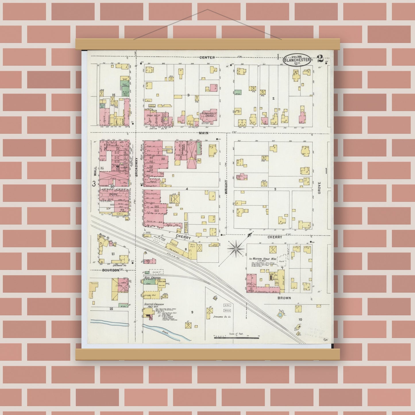 Old map wall art mockup — magnetic wood frame on brick wall — Sanborn Fire Insurance Map from Blanchester, Clinton County, Ohio (1898), Sheet #0002