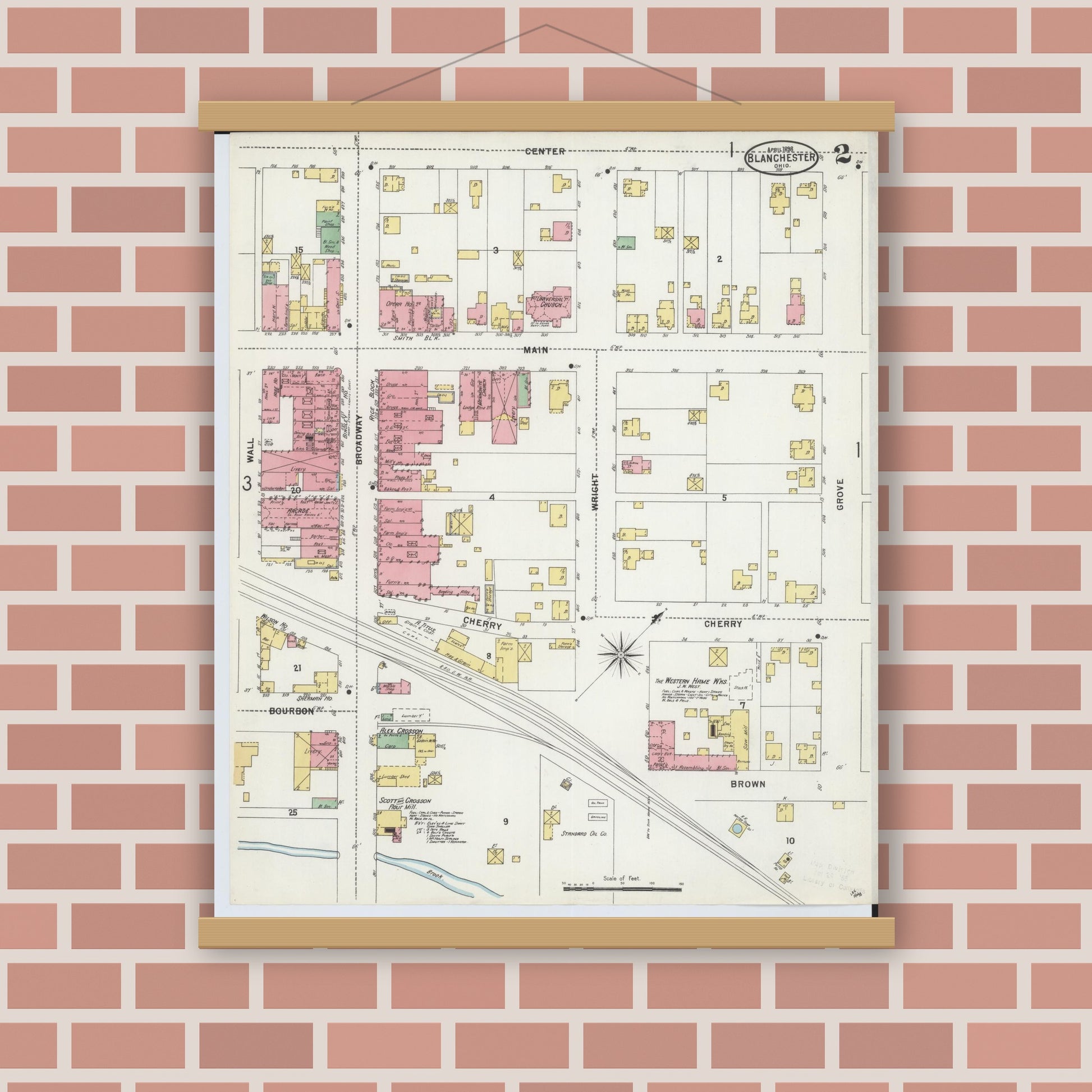 Old map wall art mockup — magnetic wood frame on brick wall — Sanborn Fire Insurance Map from Blanchester, Clinton County, Ohio (1898), Sheet #0002