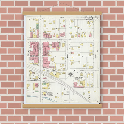 Old map wall art mockup — magnetic wood frame on brick wall — Sanborn Fire Insurance Map from Blanchester, Clinton County, Ohio (1898), Sheet #0002