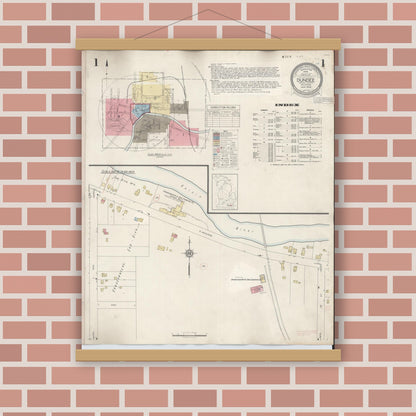 Old map wall art mockup — magnetic wood frame on brick wall — Sanborn Fire Insurance Map from Dundee, Monroe County, Michigan (1949), Sheet #0001