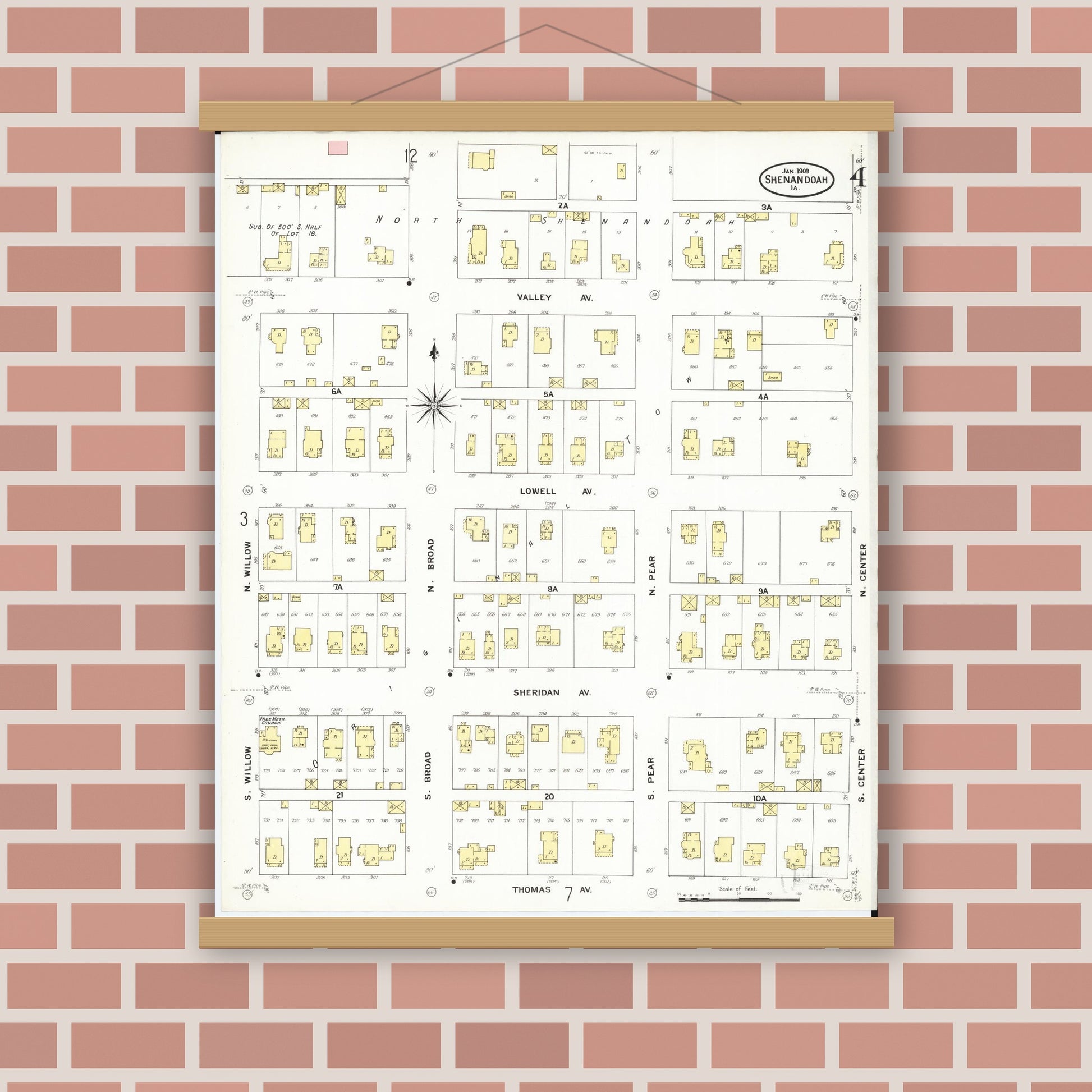 Old map wall art mockup — magnetic wood frame on brick wall — Sanborn Fire Insurance Map from Shenandoah, Page County, Iowa (1909), Sheet #0004