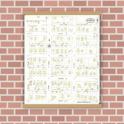 Old map wall art mockup — magnetic wood frame on brick wall — Sanborn Fire Insurance Map from Shenandoah, Page County, Iowa (1909), Sheet #0004