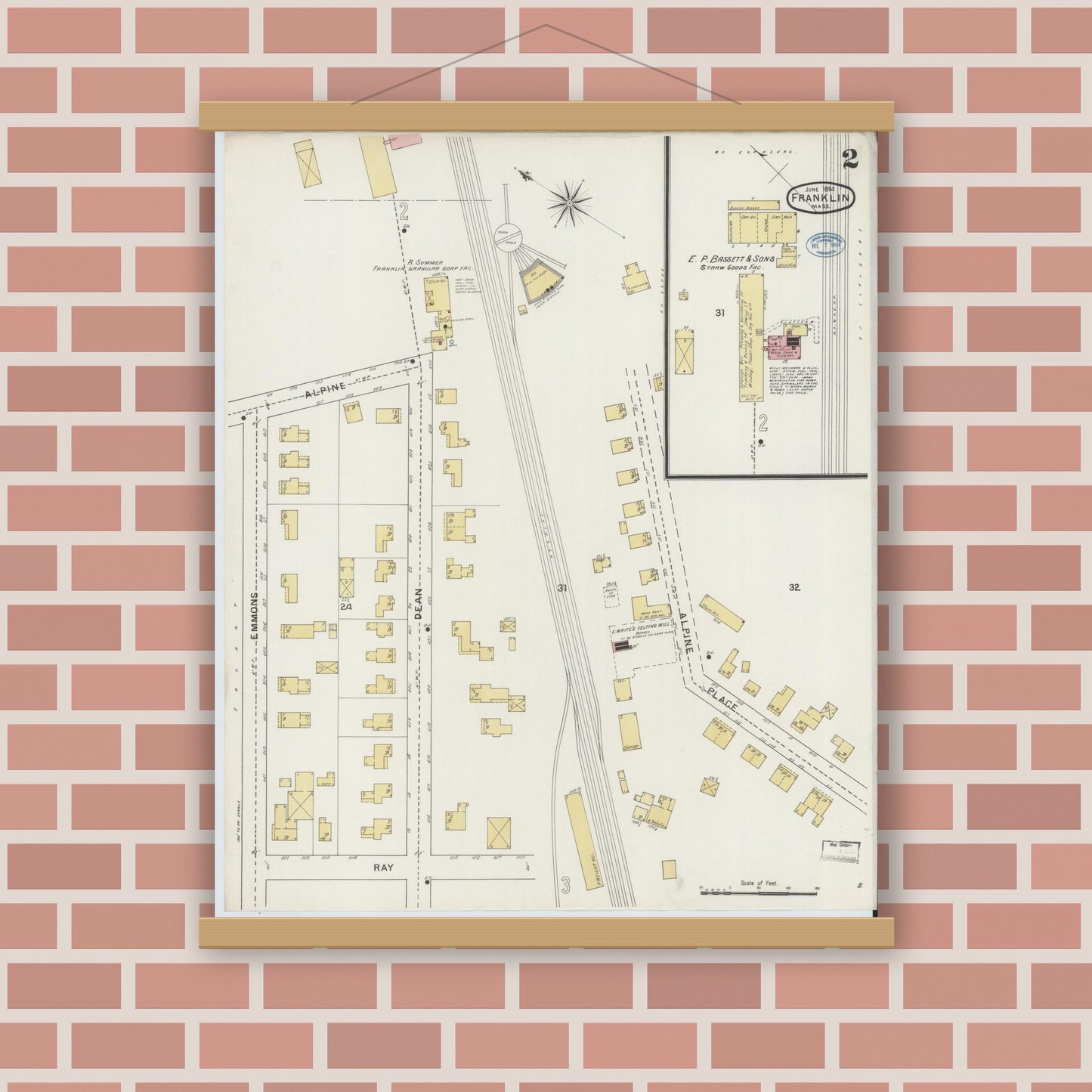 Old map wall art mockup — magnetic wood frame on brick wall — Sanborn Fire Insurance Map from Franklin, Norfolk County, Massachusetts (1894), Sheet #0002