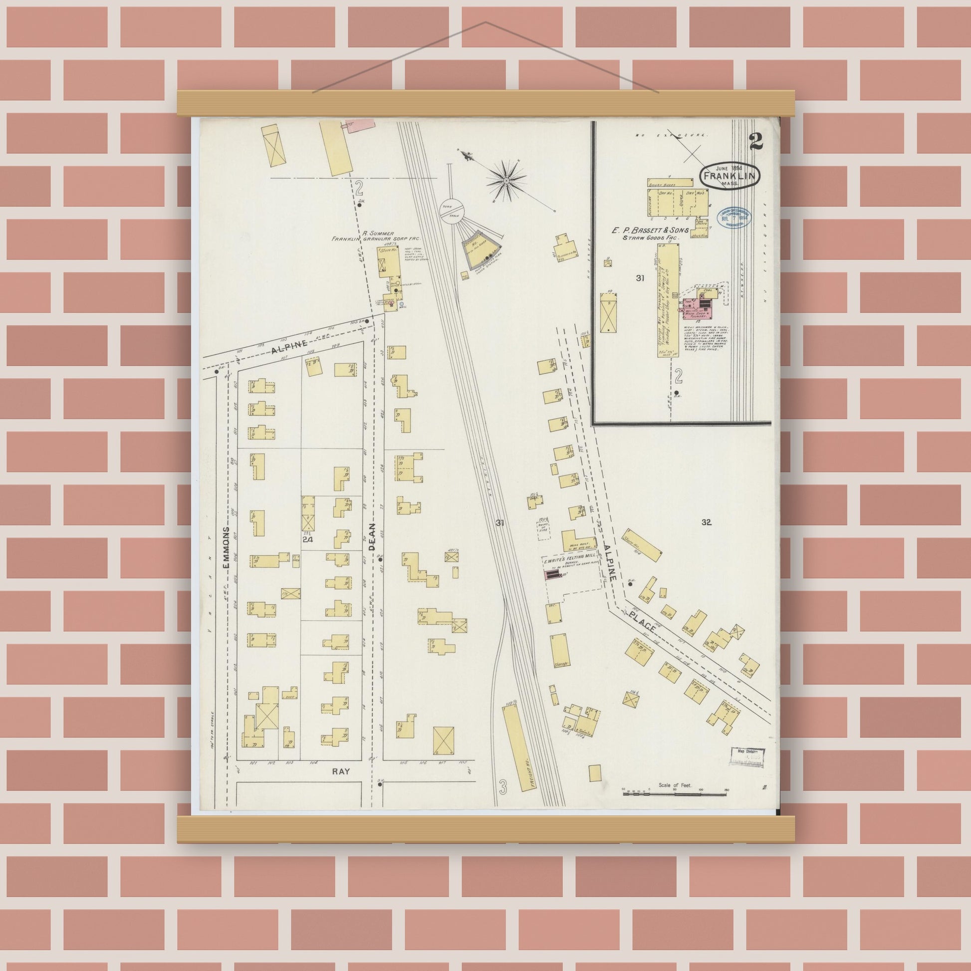 Old map wall art mockup — magnetic wood frame on brick wall — Sanborn Fire Insurance Map from Franklin, Norfolk County, Massachusetts (1894), Sheet #0002