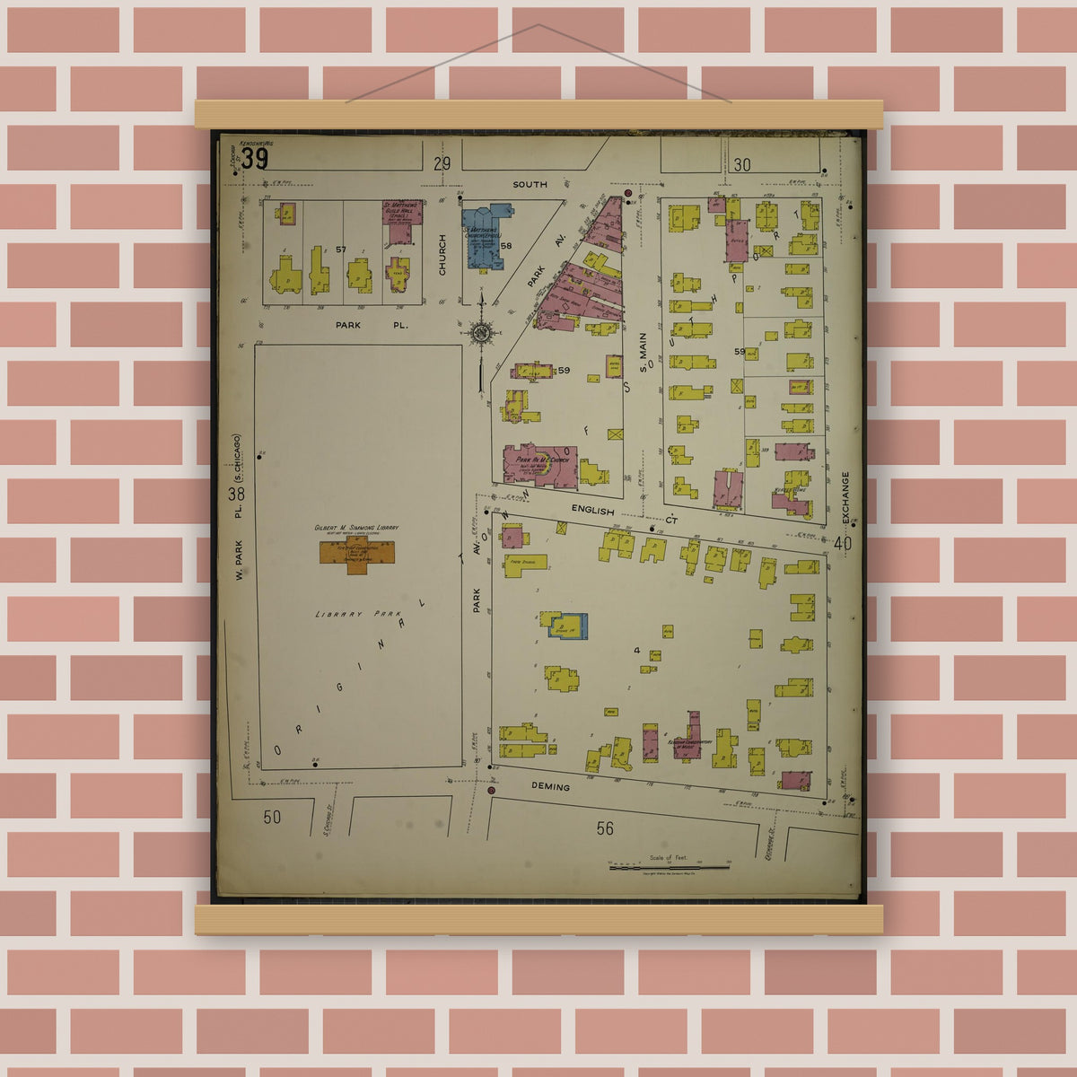 Old map wall art mockup — magnetic wood frame on brick wall — Sanborn Fire Insurance Map from Kenosha, Kenosha County, Wisconsin. (1918), Sheet 43