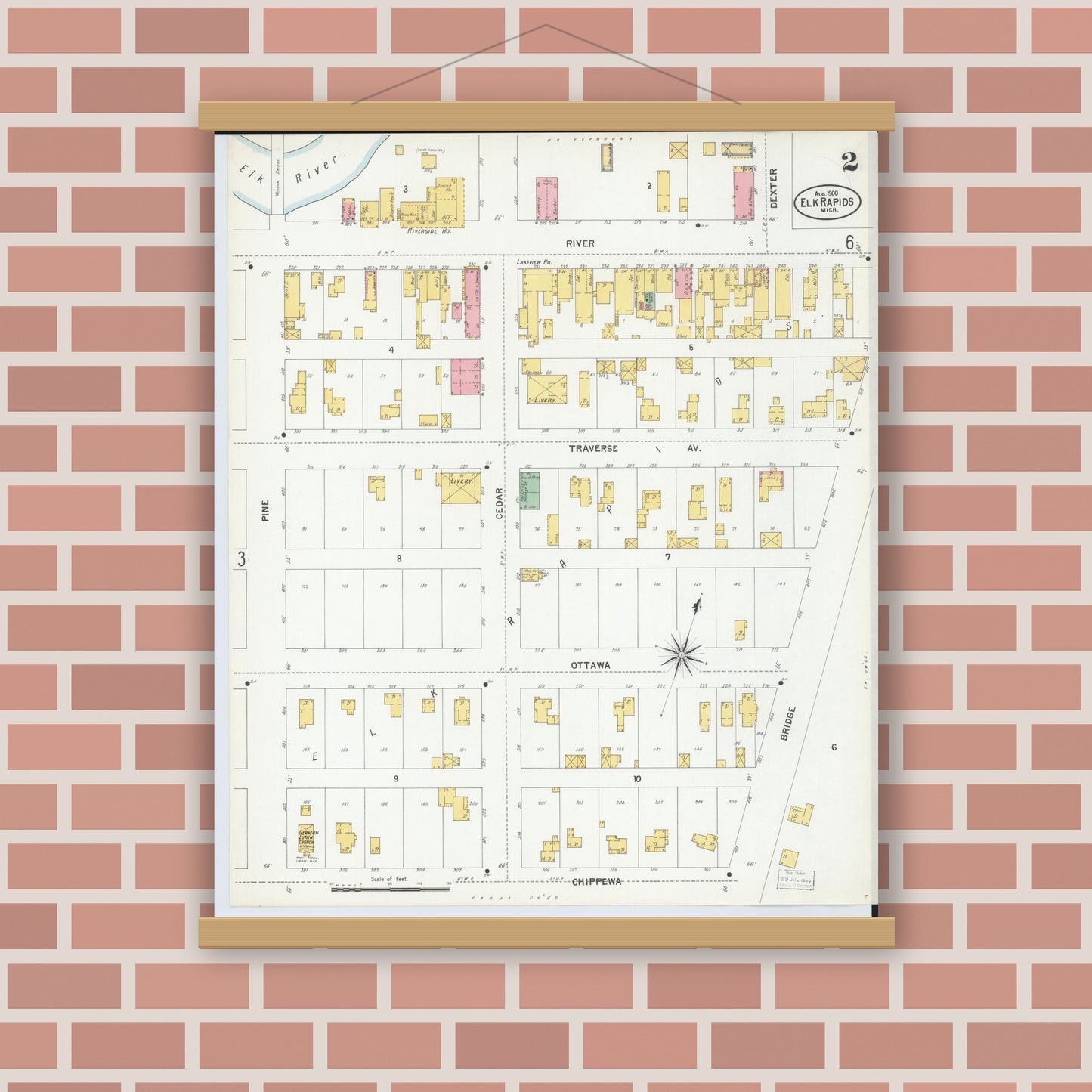 Old map wall art mockup — magnetic wood frame on brick wall — Sanborn Fire Insurance Map from Elk Rapids, Antrim County, Michigan (1900), Sheet #0002