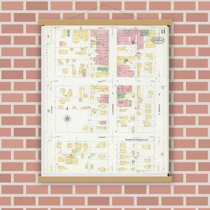 Old map wall art mockup — magnetic wood frame on brick wall — Sanborn Fire Insurance Map from Big Rapids, Mecosta County, Michigan (1908), Sheet #0011