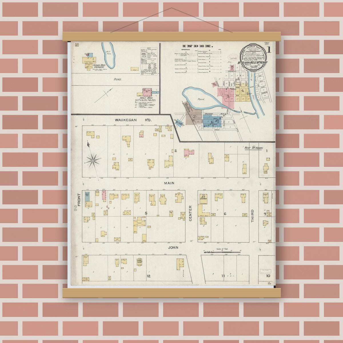 Old map wall art mockup — magnetic wood frame on brick wall — Sanborn Fire Insurance Map from McHenry, McHenry County, Illinois (1893) - Complete Map Set