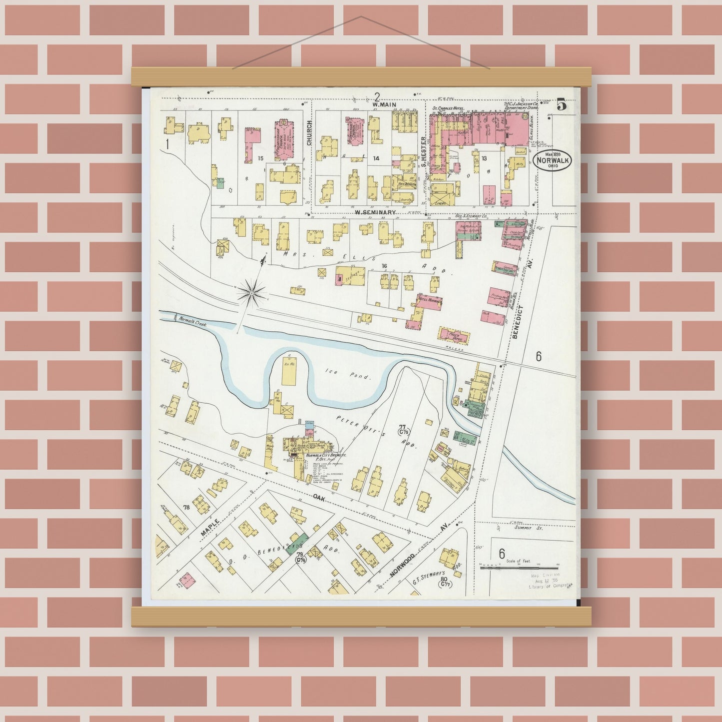 Old map wall art mockup — magnetic wood frame on brick wall — Sanborn Fire Insurance Map from Norwalk, Huron County, Ohio (1899), Sheet #0005
