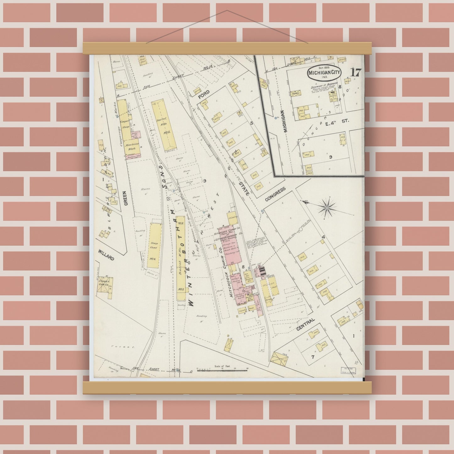 Old map wall art mockup — magnetic wood frame on brick wall — Sanborn Fire Insurance Map from Michigan City, La Porte County, Indiana (1889), Sheet #0017
