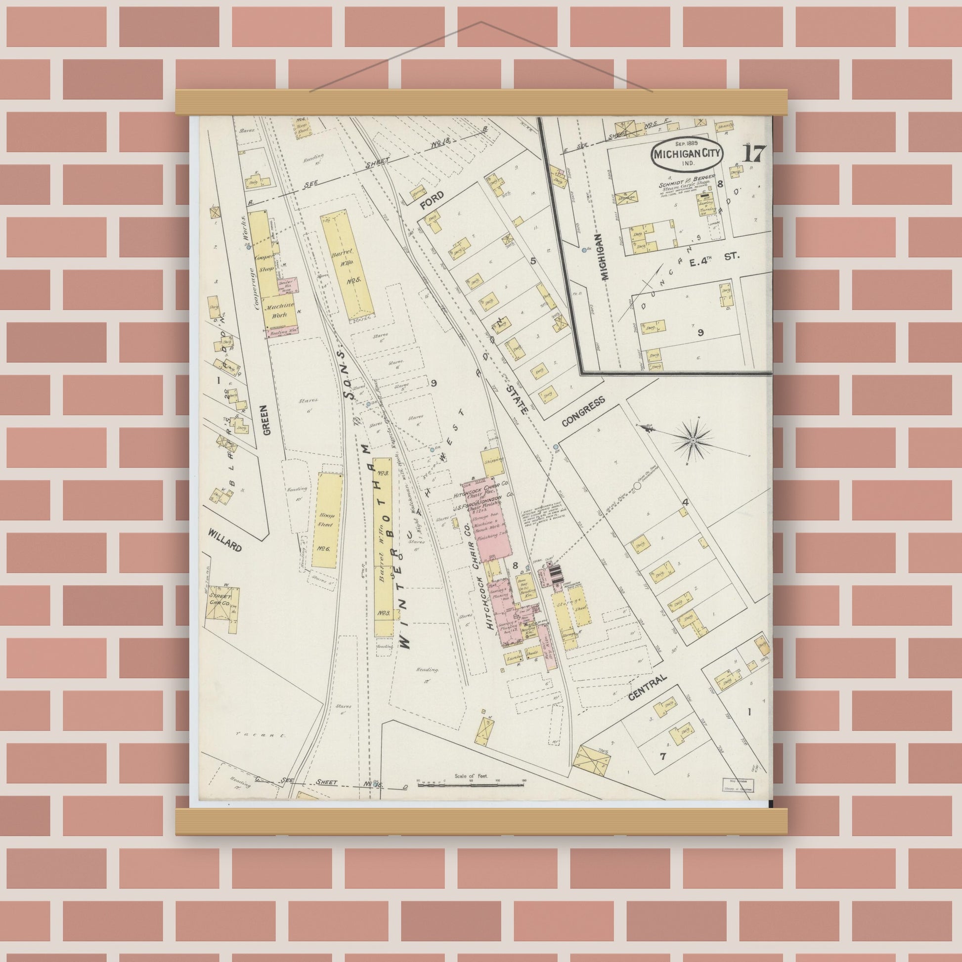 Old map wall art mockup — magnetic wood frame on brick wall — Sanborn Fire Insurance Map from Michigan City, La Porte County, Indiana (1889), Sheet #0017