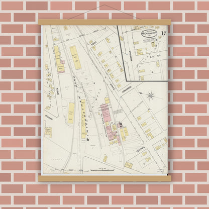 Old map wall art mockup — magnetic wood frame on brick wall — Sanborn Fire Insurance Map from Michigan City, La Porte County, Indiana (1889), Sheet #0017