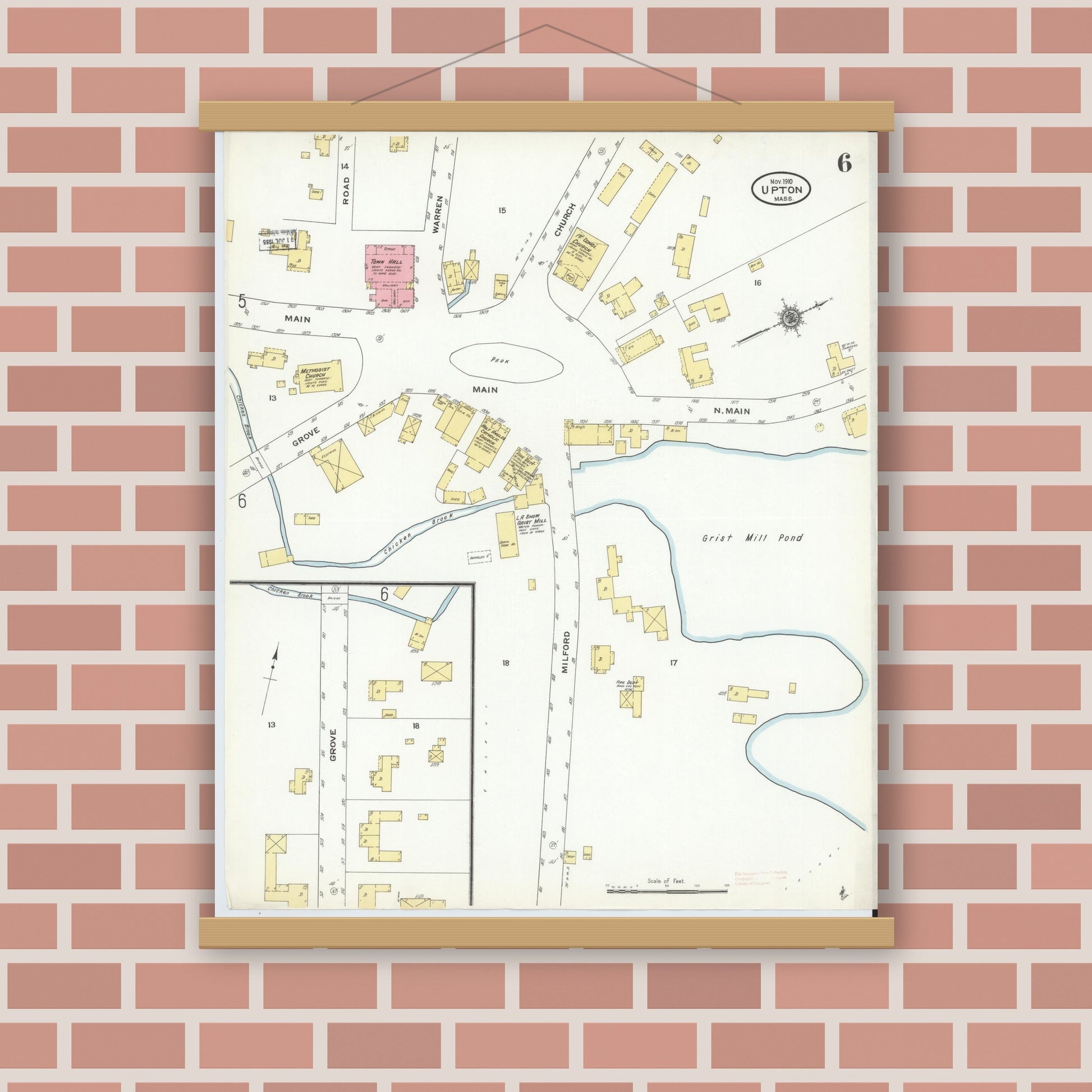 Old map wall art mockup — magnetic wood frame on brick wall — Sanborn Fire Insurance Map from Upton, Worcester County, Massachusetts (1910), Sheet #0006