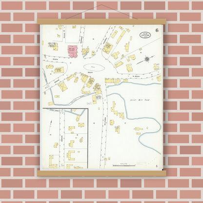 Old map wall art mockup — magnetic wood frame on brick wall — Sanborn Fire Insurance Map from Upton, Worcester County, Massachusetts (1910), Sheet #0006
