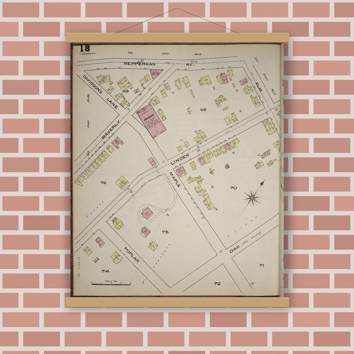 Old map wall art mockup — magnetic wood frame on brick wall — Sanborn Fire Insurance Map from Yonkers, Westchester County, New York (1886), Sheet #0018